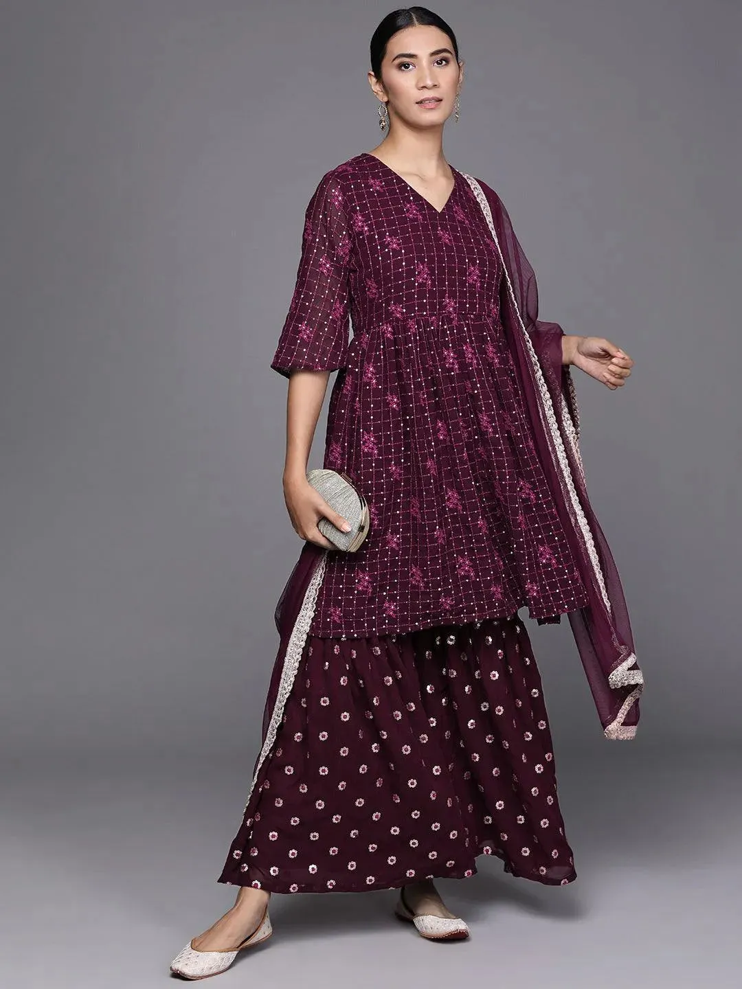Embroidered Georgette Straight Sharara Suit Set With Dupatta (Pack Of 2)