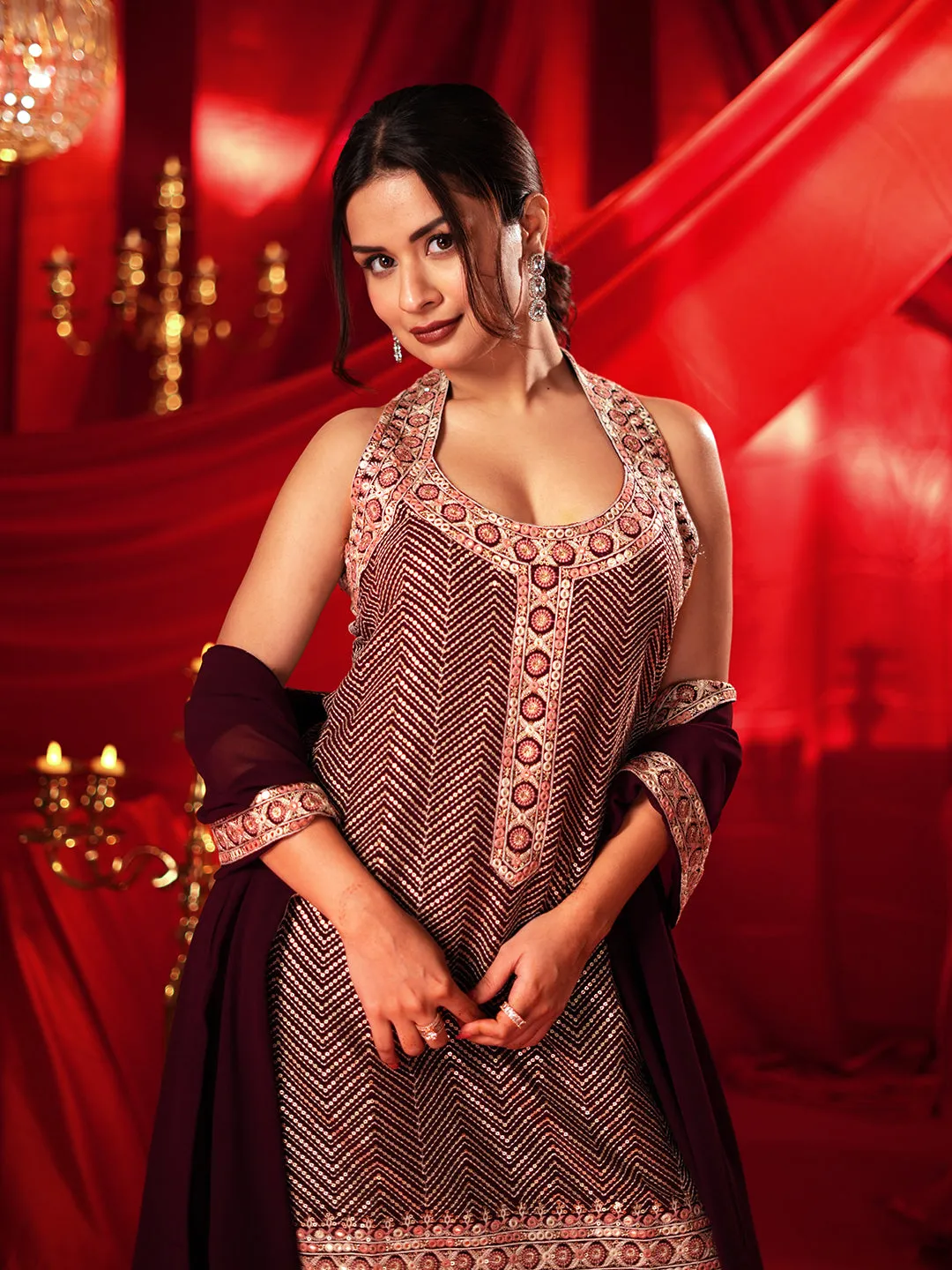 New  Art Wine Embroidered Georgette Straight Suit With Dupatta