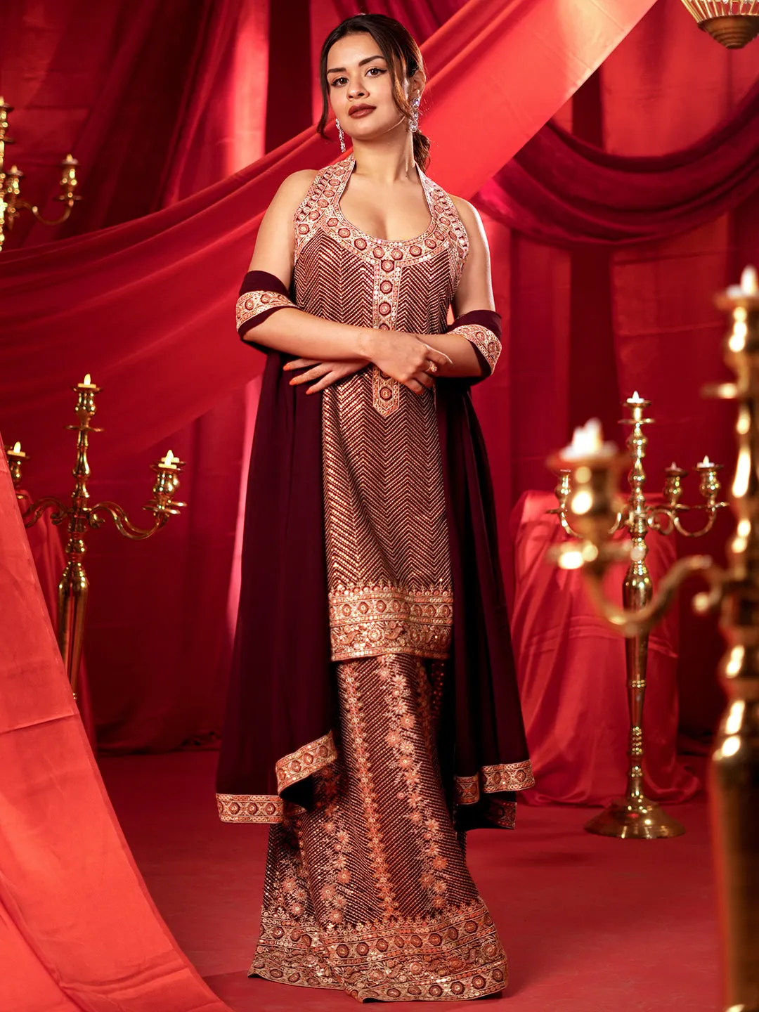 New  Art Wine Embroidered Georgette Straight Suit With Dupatta