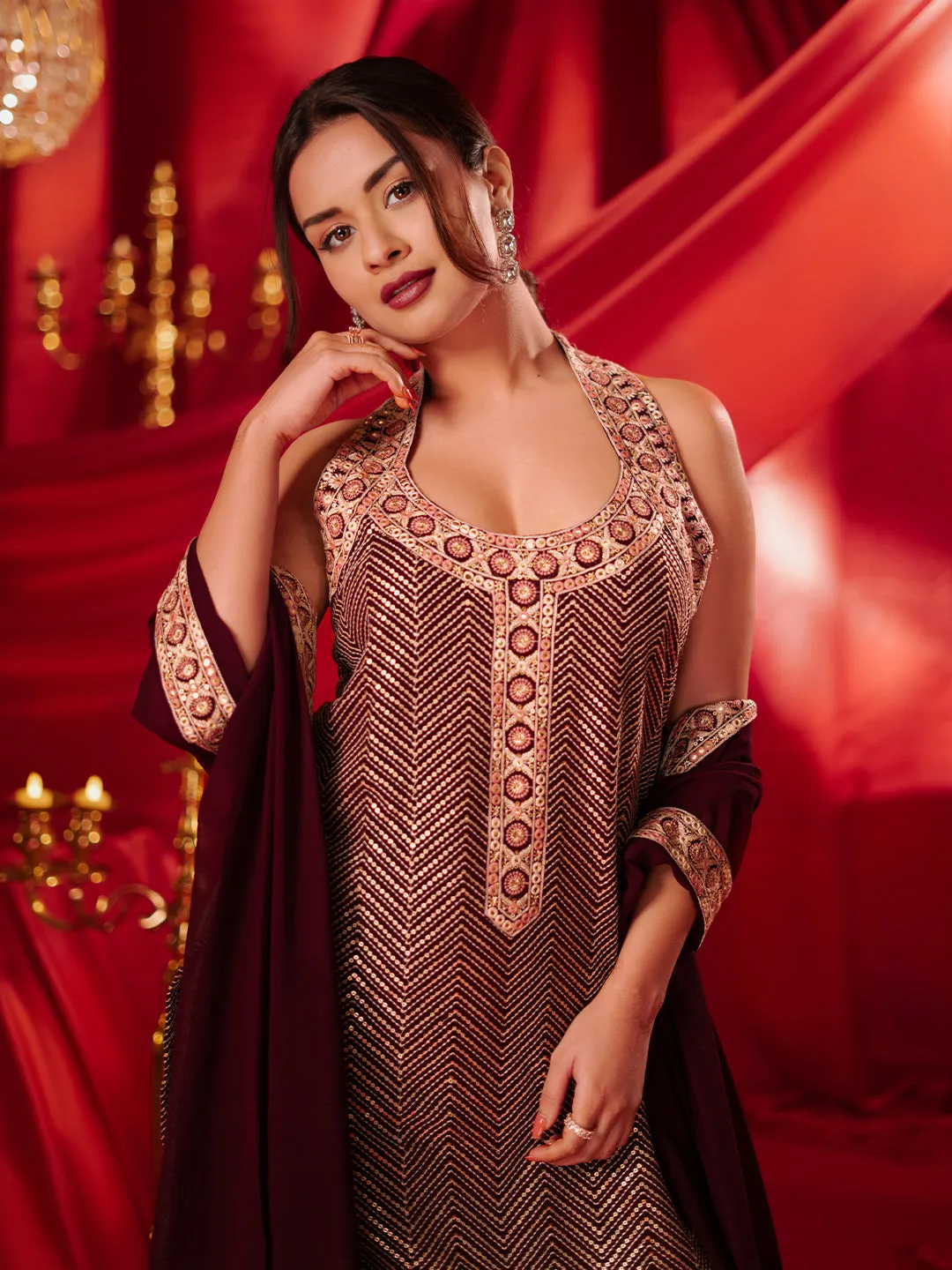 New  Art Wine Embroidered Georgette Straight Suit With Dupatta