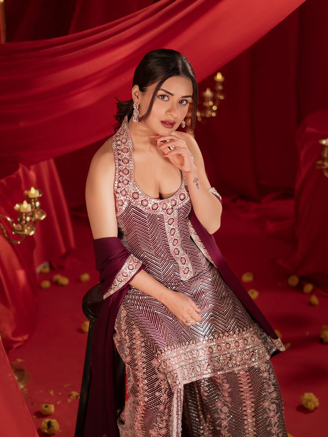 New  Art Wine Embroidered Georgette Straight Suit With Dupatta