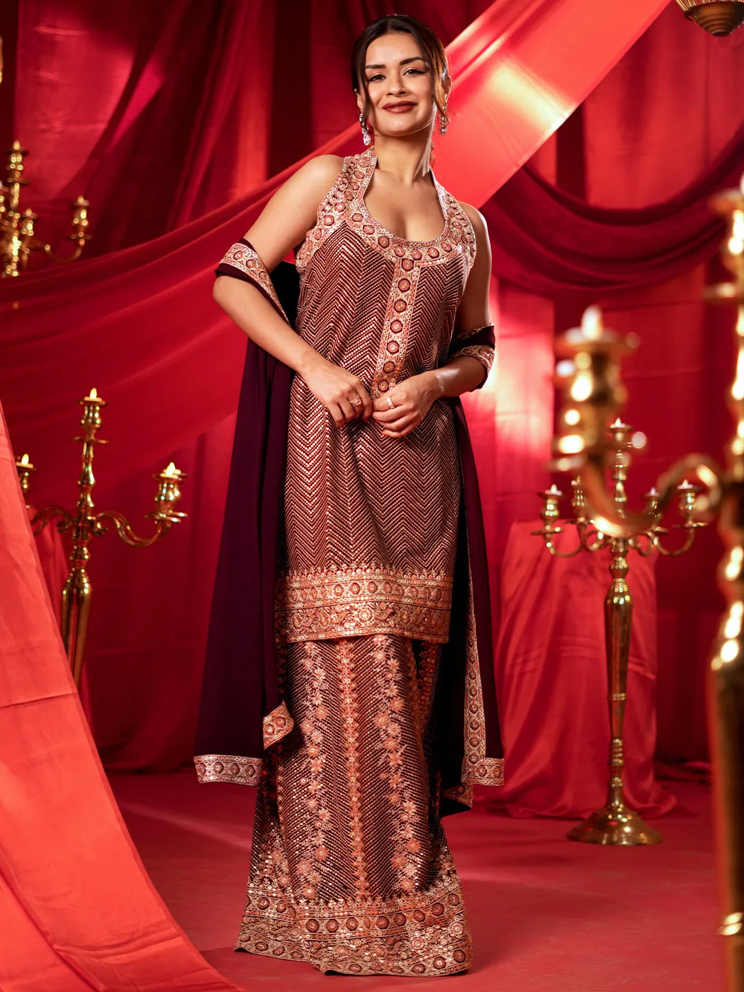 New  Art Wine Embroidered Georgette Straight Suit With Dupatta