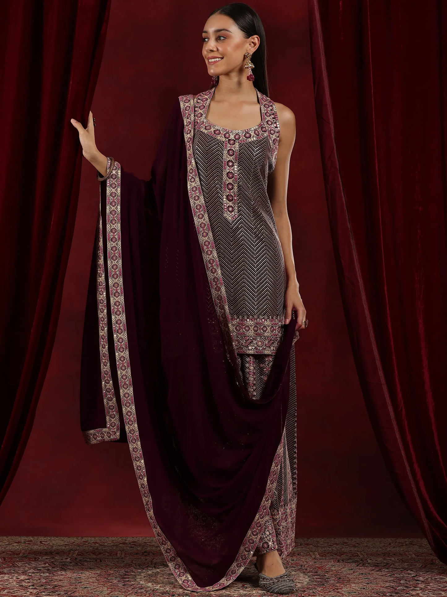 New  Art Wine Embroidered Georgette Straight Suit With Dupatta