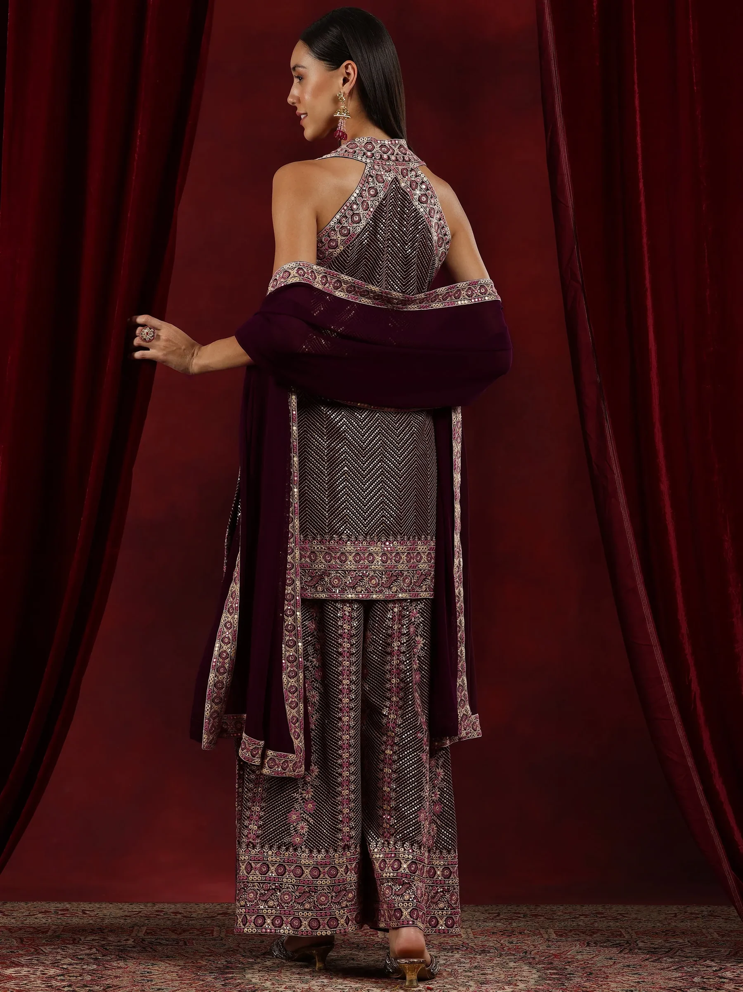 New  Art Wine Embroidered Georgette Straight Suit With Dupatta