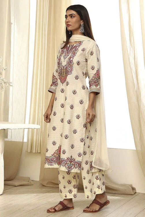 BEIGE PURE COTTON PRINTED STRAIGHT SUIT SET