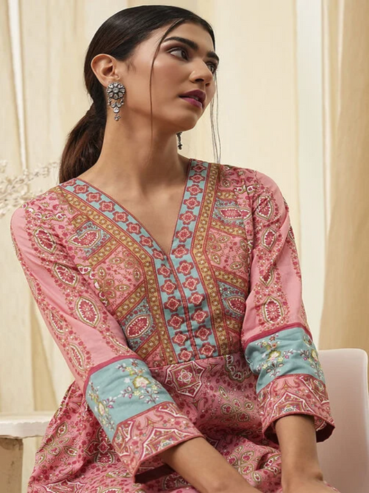 PINK PURE COTTON PRINTED A-LINE KURTA