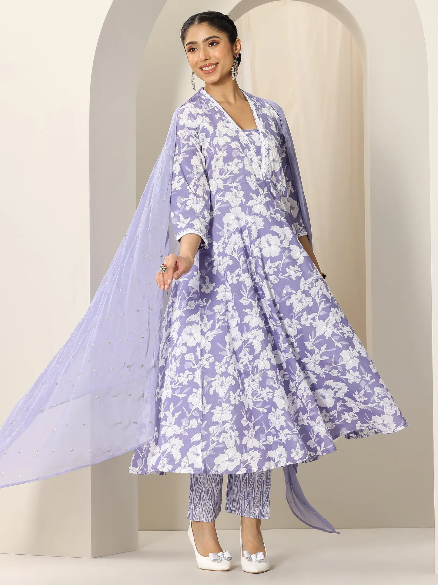 Printed Cotton Anarkali Suit and Straight Suit (Pack Of 2)