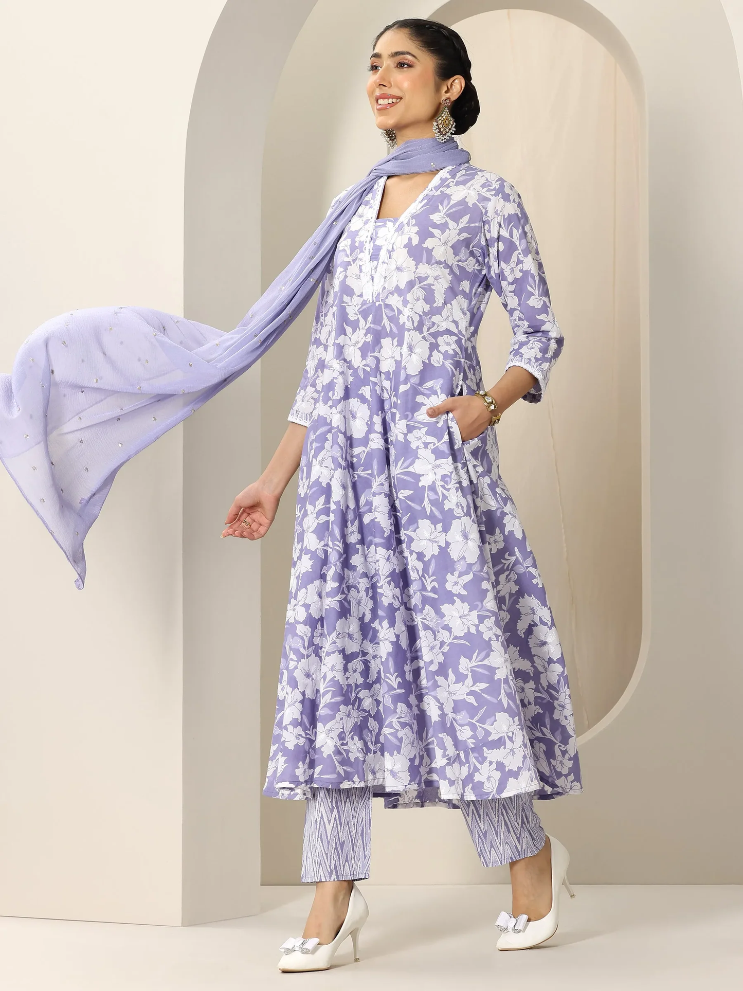 Printed Cotton Anarkali Suit and Straight Suit (Pack Of 2)