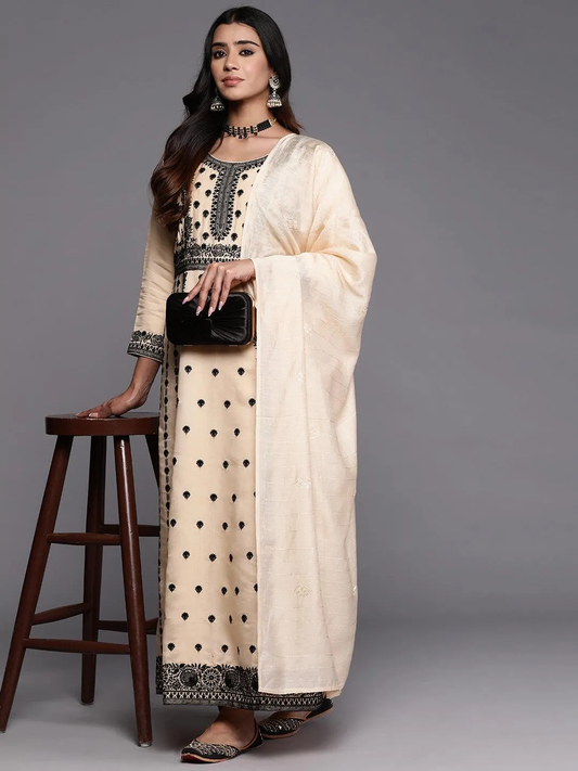 New Art Cream Embroidered Silk Blend A-Line Kurta With Trousers & Dupatta