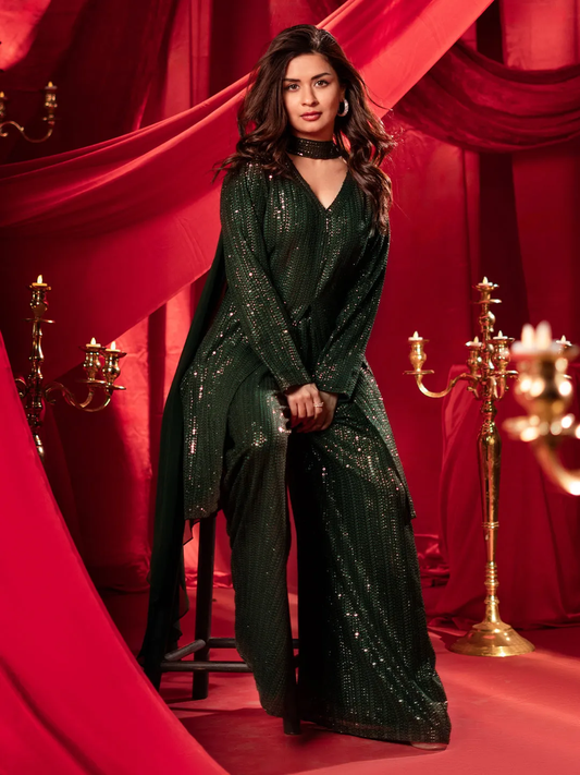 New Art Olive Embroidered Georgette A-Line Kurta With Palazzos & Dupatta