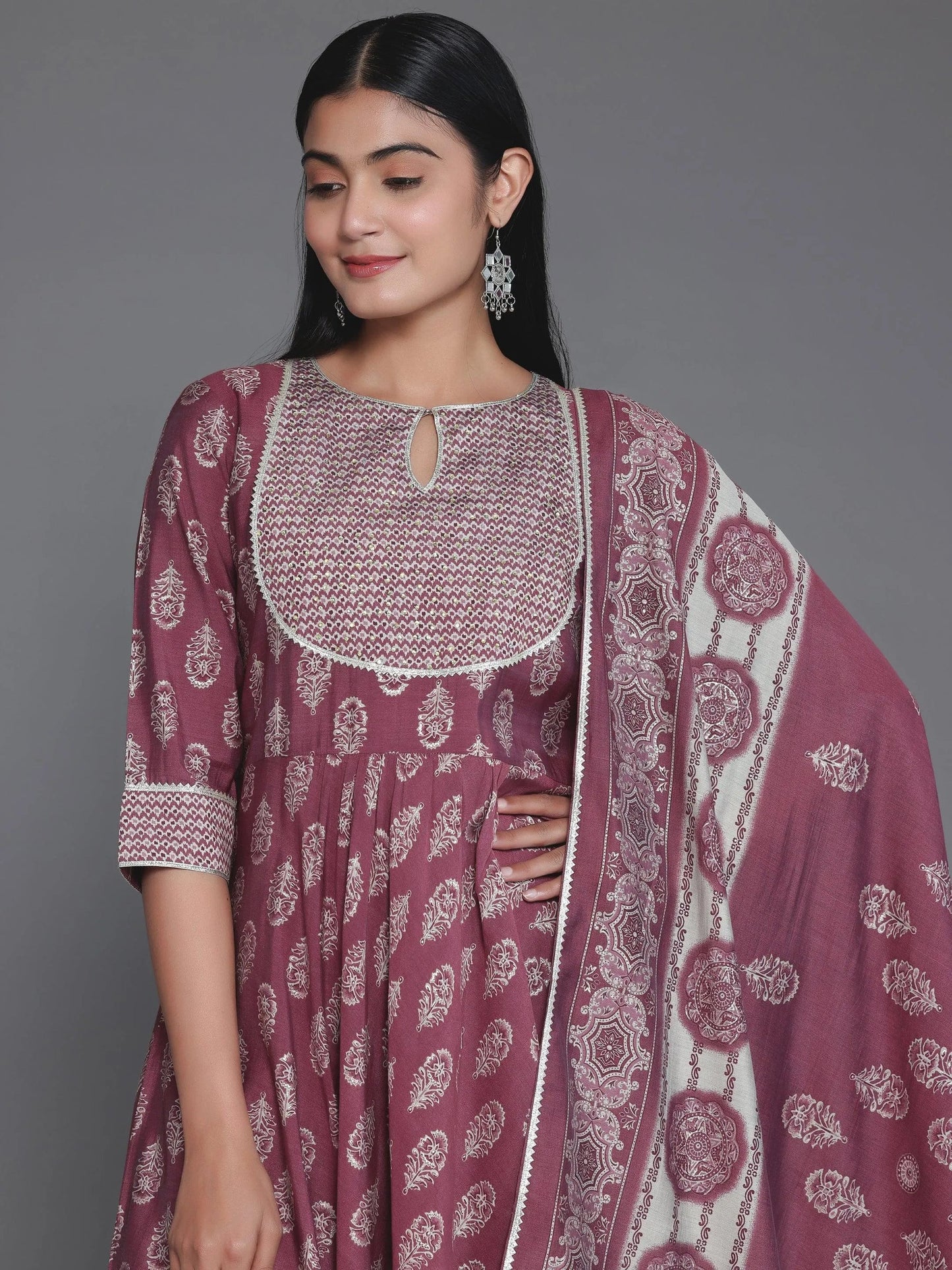 Printed Silk Blend Anarkali Suit With Dupatta (PACK OF 2)