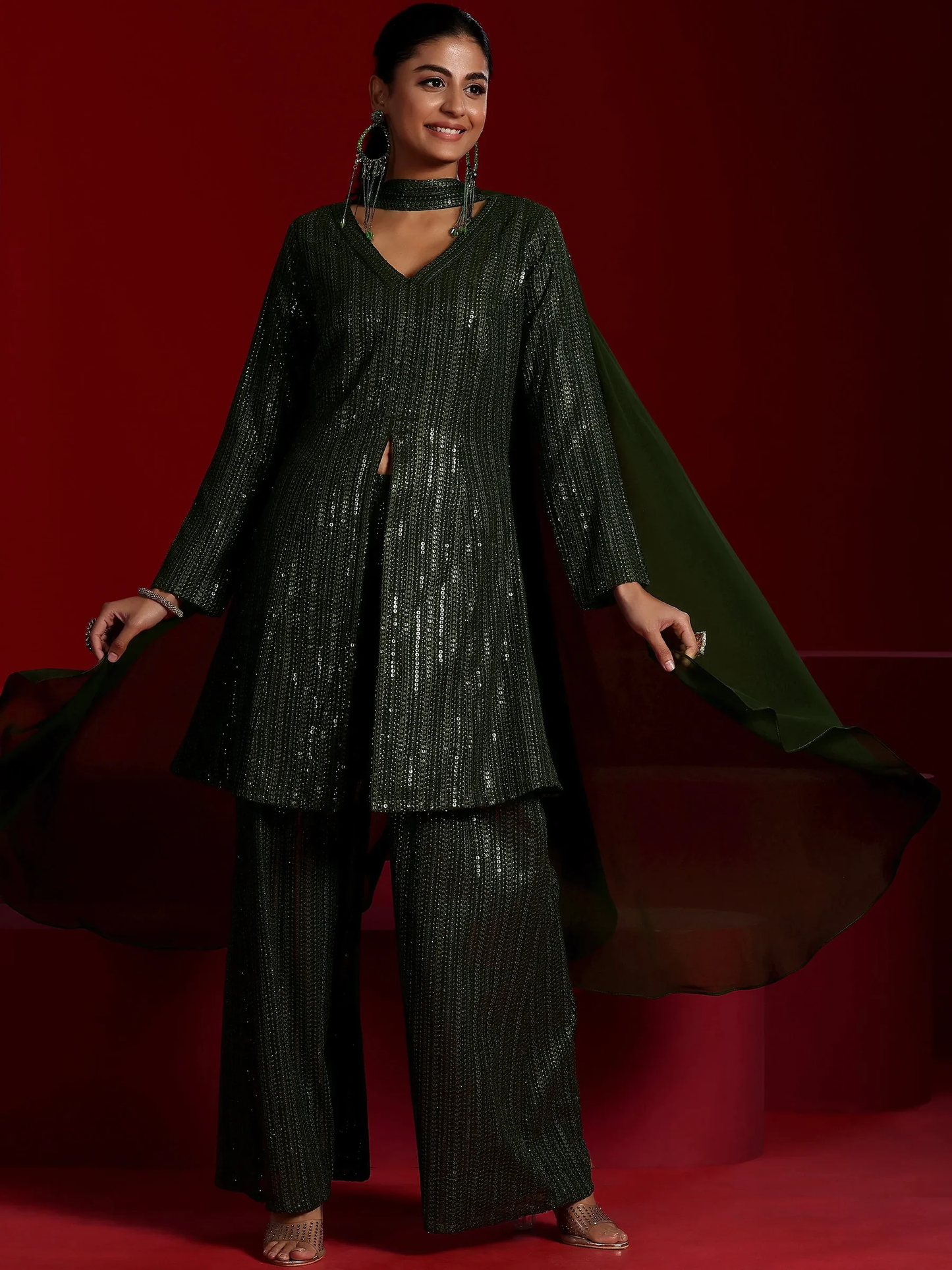 New Art Olive Embroidered Georgette A-Line Kurta With Palazzos & Dupatta